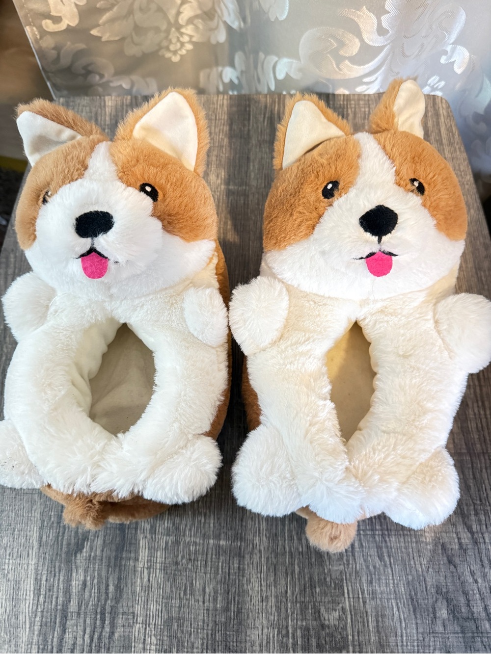 T.J.Maxx Plush Corgi Dog Slippers in White and Brown